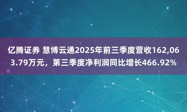 亿腾证券 慧博云通2025年前三季度营收162,063.79万元，第三季度净利润同比增长466.92%